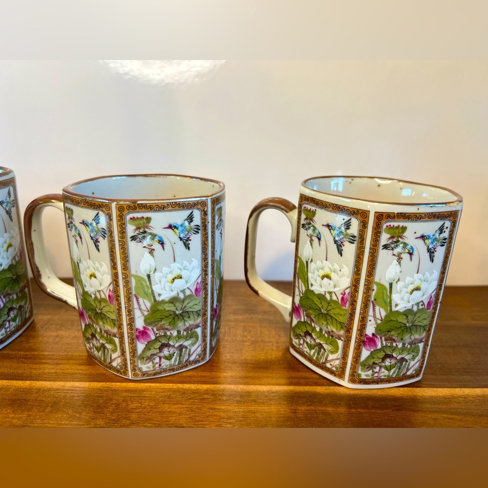 Japan Hexagon Mugs Set 4 Ceramic Floral Whimsical Cottagecore Made In Japan RARE